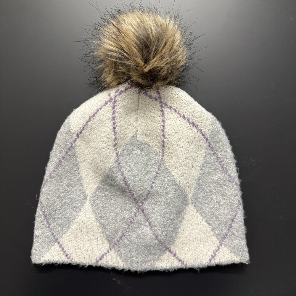 Christian Siriano Cozy Beanie Winter Hat Purple Grey Diamond Faux Fur Pom Pom OS